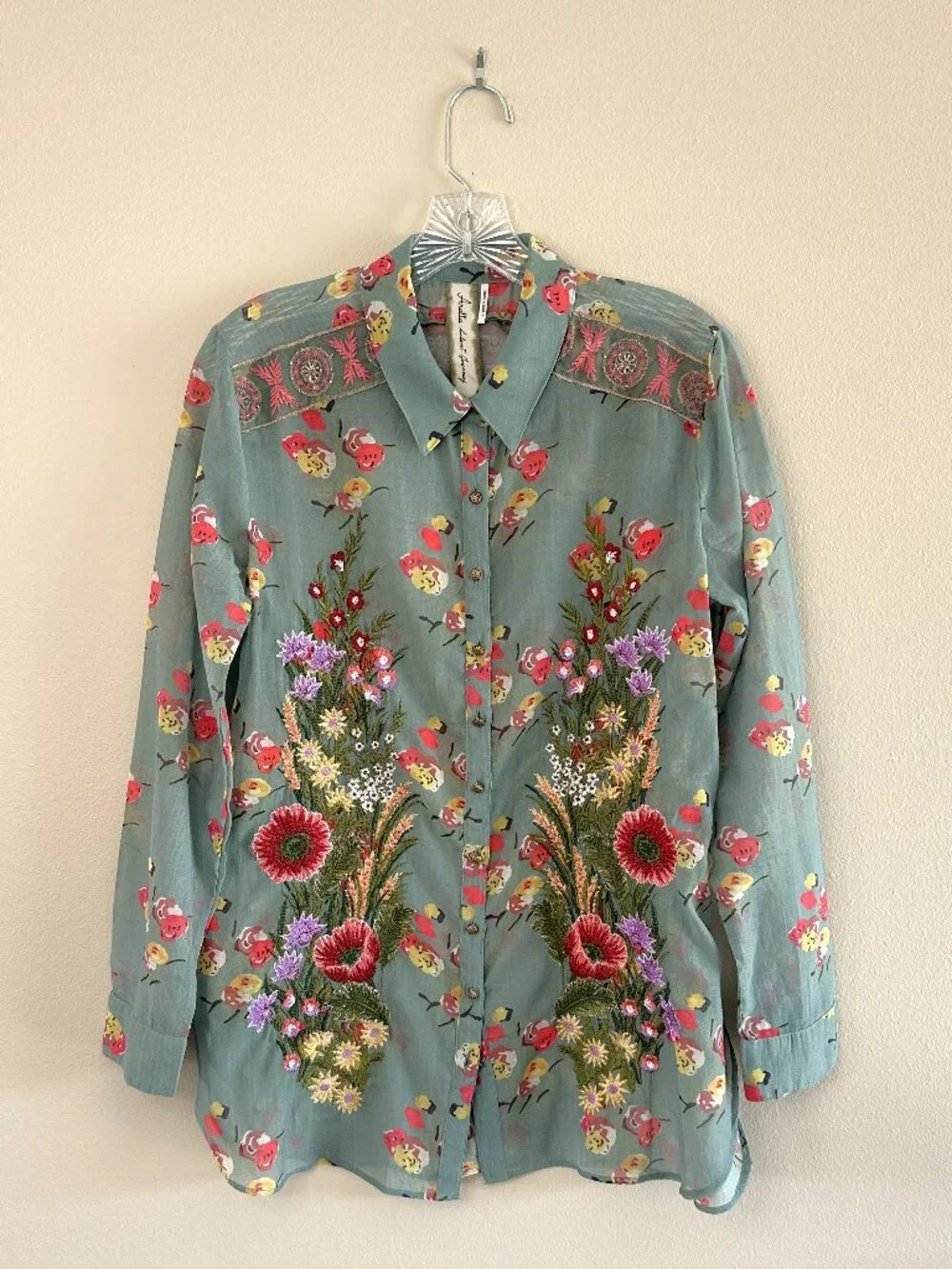 Aratta Silent Journey MIA Grace Floral Embroidered Blouse, S, Green Boho Artsy